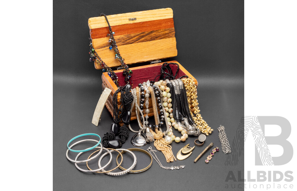 Collection of Gold & Silver Tone Costume Jewellery in Handmade Wooden Jewellery Box