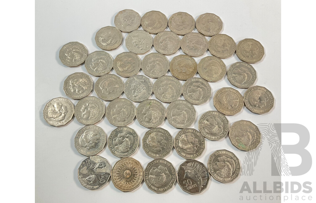 Collection of Australian Commemorative Fifty Cents Coins Including 1977 Jubilee 1981 Charles and Diana(34) 1998 Bass/Flinders, 2001 Millennium, 200 Royal Visit(3)
