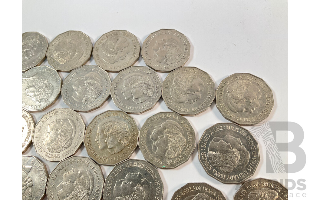 Collection of Australian Commemorative Fifty Cents Coins Including 1977 Jubilee 1981 Charles and Diana(34) 1998 Bass/Flinders, 2001 Millennium, 200 Royal Visit(3)