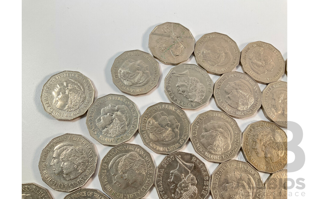 Collection of Australian Commemorative Fifty Cents Coins Including 1977 Jubilee 1981 Charles and Diana(34) 1998 Bass/Flinders, 2001 Millennium, 200 Royal Visit(3)