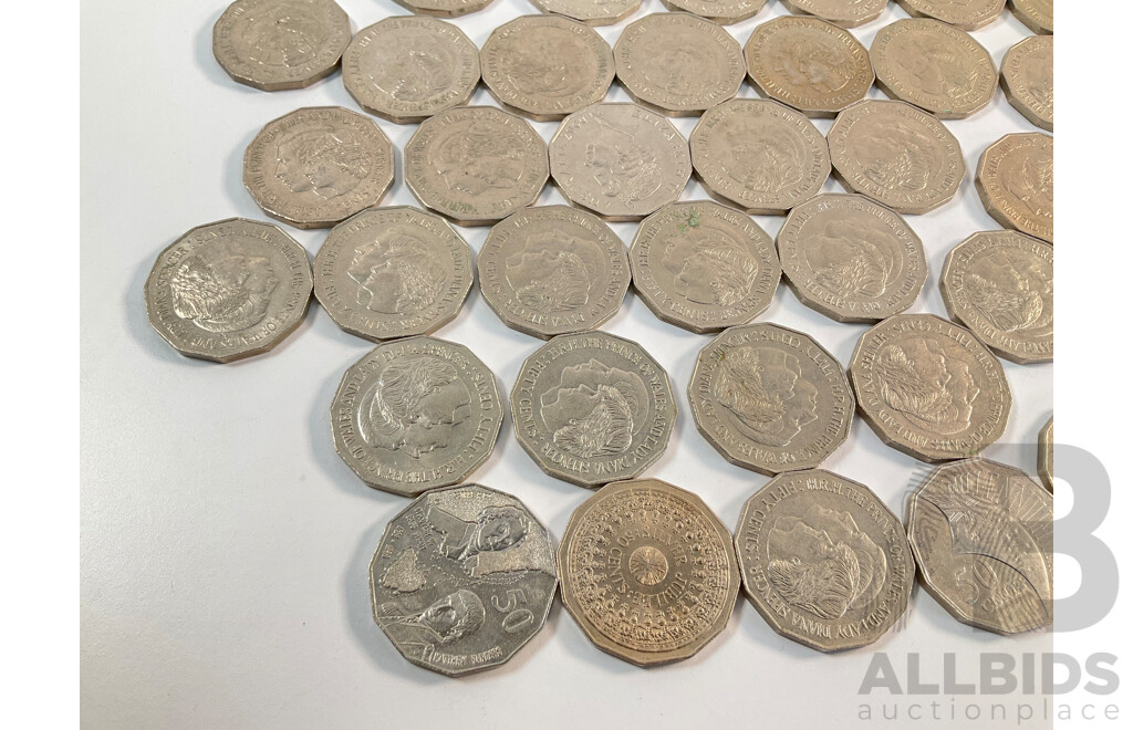 Collection of Australian Commemorative Fifty Cents Coins Including 1977 Jubilee 1981 Charles and Diana(34) 1998 Bass/Flinders, 2001 Millennium, 200 Royal Visit(3)