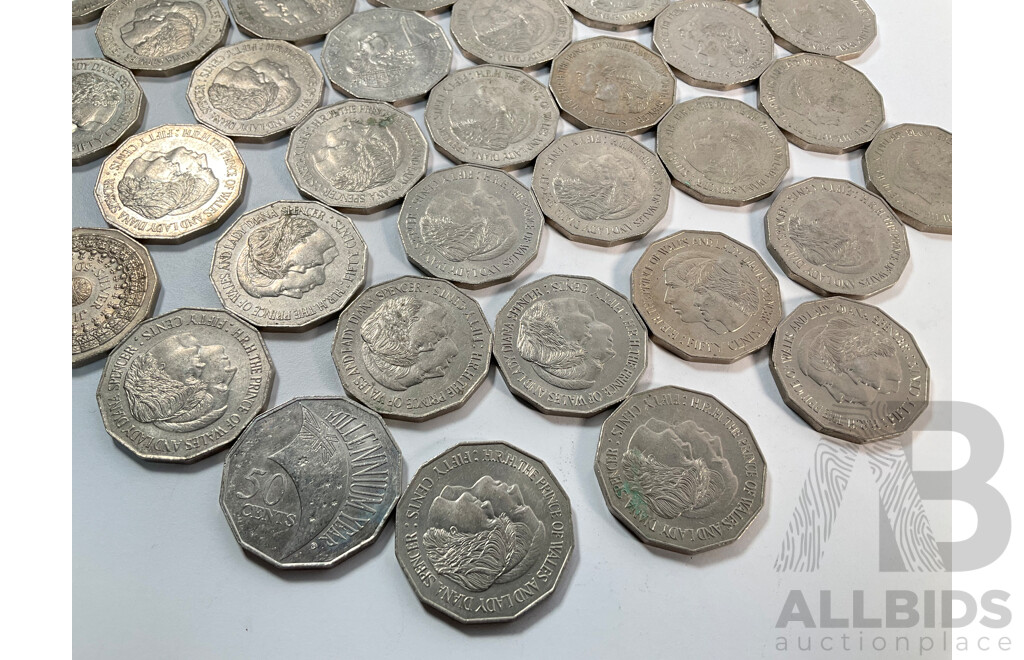 Collection of Australian Commemorative Fifty Cents Coins Including 1977 Jubilee 1981 Charles and Diana(34) 1998 Bass/Flinders, 2001 Millennium, 200 Royal Visit(3)