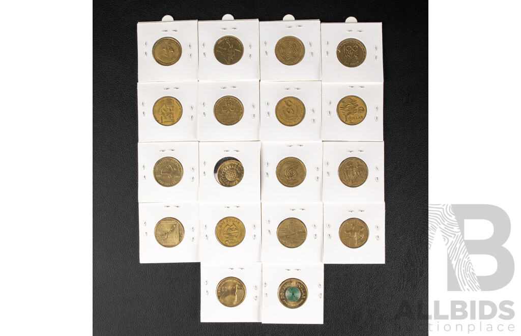 Eighteen Australian Commemorative One Dollar Coins Including 1997 Kingsford Smith, 1996 Henry Parkes, 1993 Landcare, 1986 Year of Peace, 2023 Matildas, 2021 Donation, 2019 Hills Hoist, 2010 Girl Guides......................