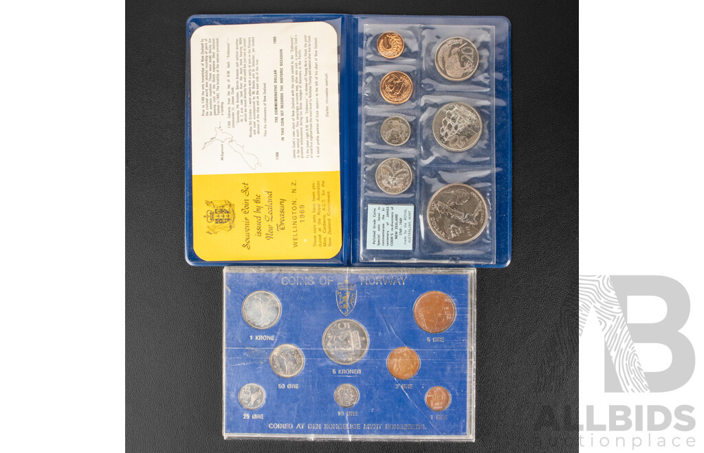 New Zealand 1969 Seven UNC Commemorative Coin Set and Norway 1969 Eight UNC Coin Set