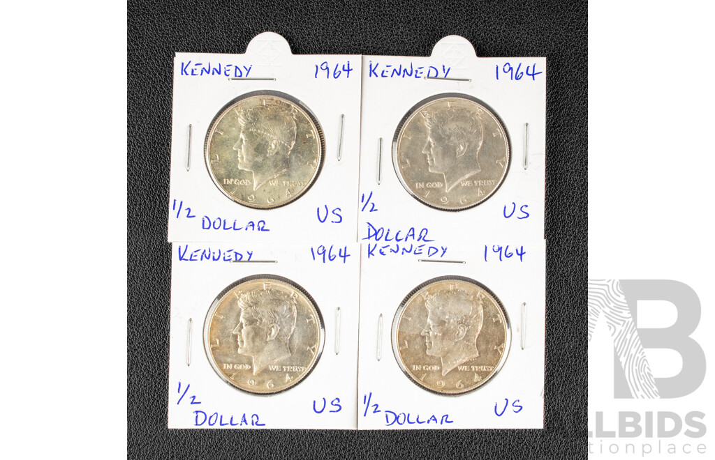 Four USA 1964 Silver Kennedy Half Dollars .900
