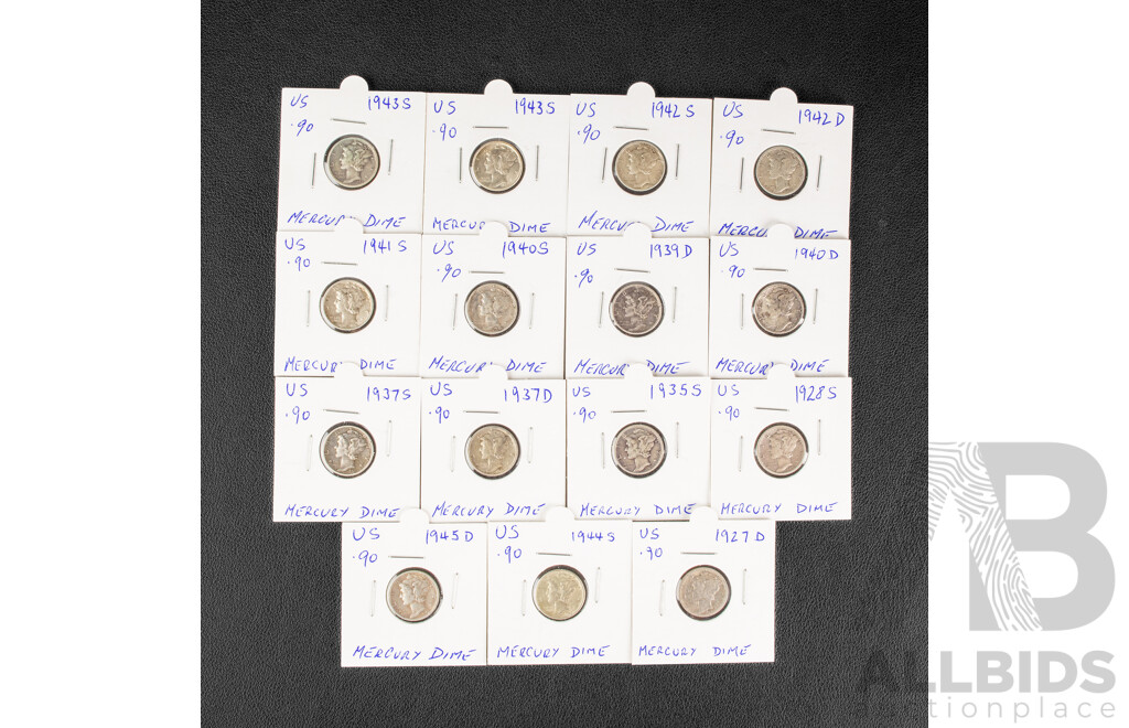 Fifteen USA Silver Mercury Dimes Including 1927D 1928S, 1935S, 1937D, 1937S, 1939D, 1940D, 1940S, 1941S, 1942D, 1942S, 1943S(2) 1944S, 1945D