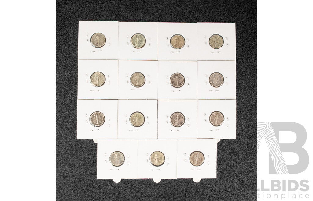 Fifteen USA Silver Mercury Dimes Including 1927D 1928S, 1935S, 1937D, 1937S, 1939D, 1940D, 1940S, 1941S, 1942D, 1942S, 1943S(2) 1944S, 1945D
