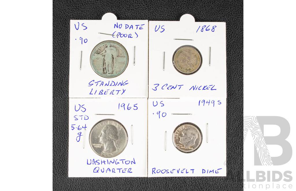 Four USA Coins Including 1868 Three Cent, Silver Standing Liberty Quarter, 1949 Silver Roosevelt Dime, 1965 Washington Quarter