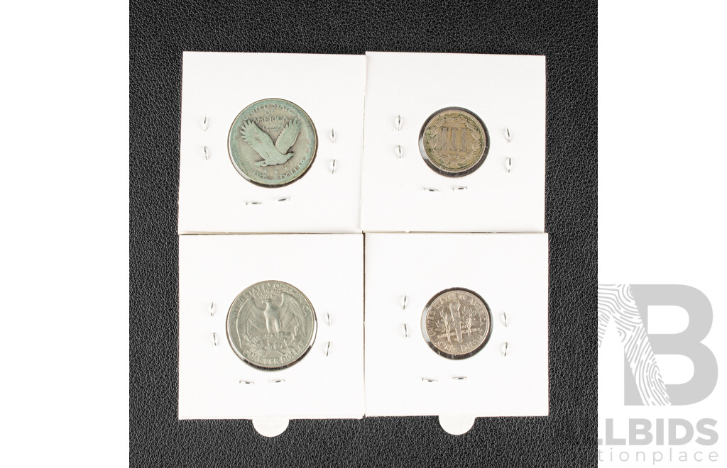 Four USA Coins Including 1868 Three Cent, Silver Standing Liberty Quarter, 1949 Silver Roosevelt Dime, 1965 Washington Quarter