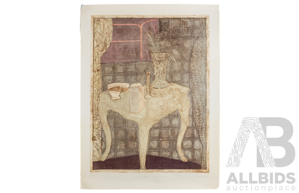 John Dent, (20th Century, Australian, 1951-), Chinese Table & Milk Carton (1978), Signed & Editioned Hand Coloured Etching & Aquatint, 96 x 73 cm (sheet)
