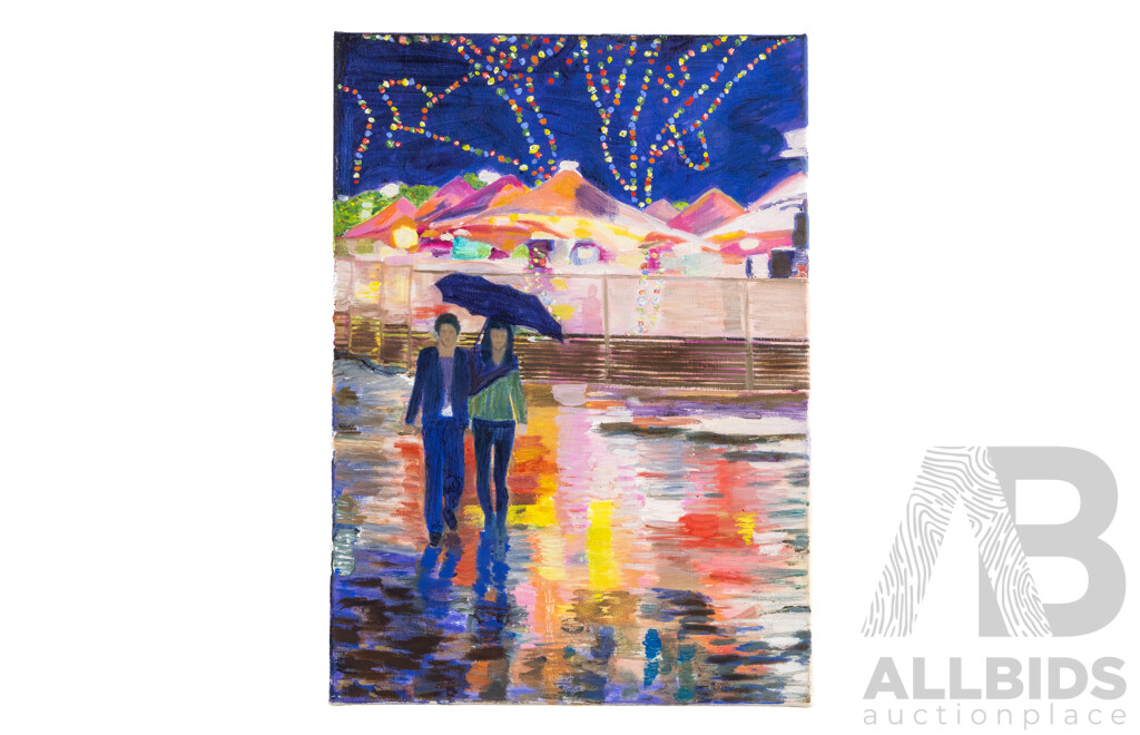 Julie Spencer, (20th Century, Australian), Rainy Night Out on the Town 2, Original Oil on Canvas Cloth, 56 x 40 cm
