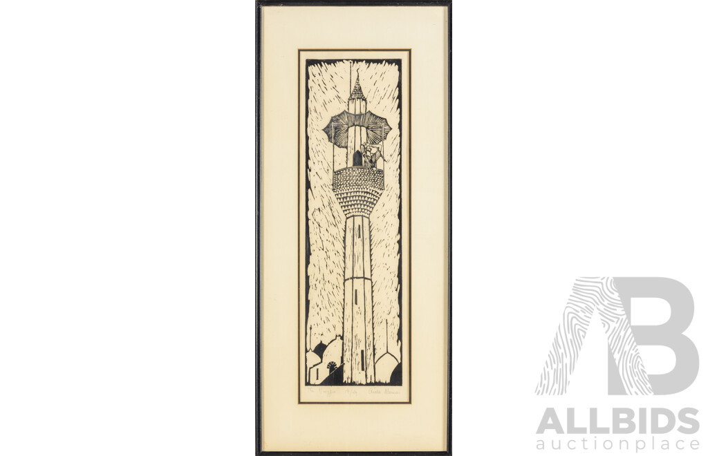 Aida Marini, (20th Century, Lebanese), the Muezzin, Signed & Original Editioned Woodcut, 84 X 36 Cm (frame)