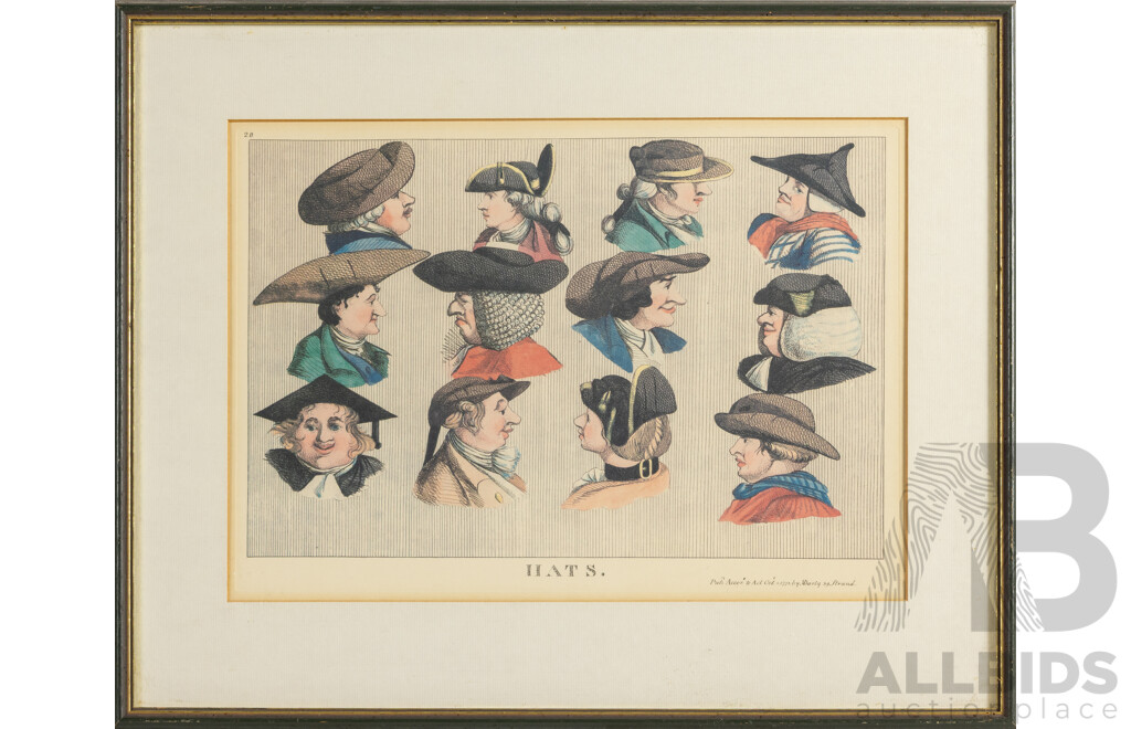 Matthew Darly, (18th Century, British, C1720-1781), Hats, Antique Hand Coloured Engraving on Laid Paper, 39 X 48 Cm (frame)