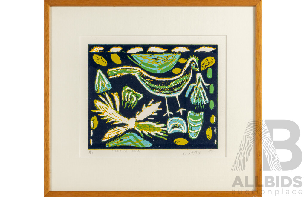Coex'ae Qgam (aka Dada) (20th Century, Botswana-Born,1934-2008), 'Tsibobo' Bird (2001), Original Signed & Editioned Five Colour Lithograph, 38 x 42 cm (frame)