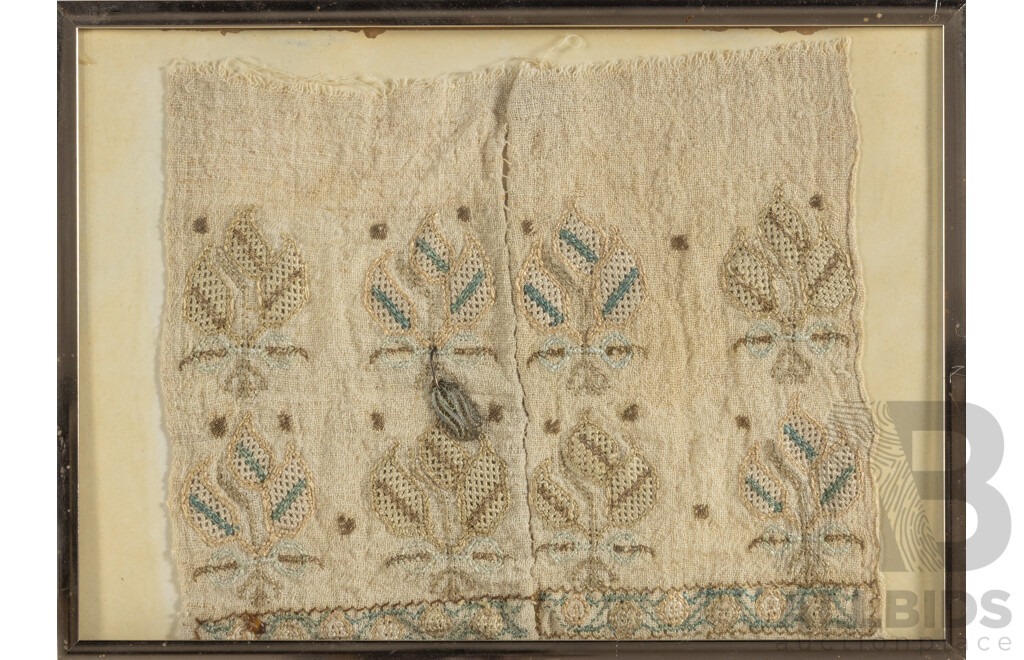 Panel of Antique Ottoman Turkish Embroidered Linen (circa Late 1900s), 23 x 31 cm (frame)