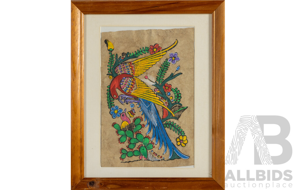 Artist Unknown (20th Century, Mexican), Folk Art Birds in Desert Garden, Natural Colour Pigment Handpainted on Amate Bark Panel, 40 x 33 cm (frame)