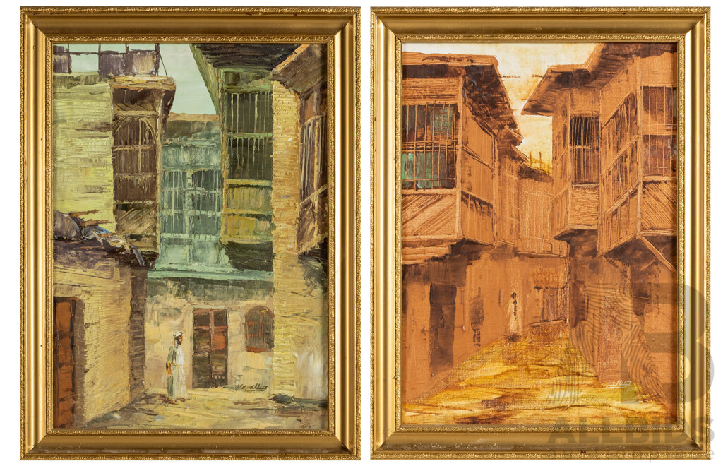 Artist Unknown (20th Century, Middle Eastern), Golden Alleyway & Echoes of the Old Casbah, Pair of Original Vintage Oils on Canvas, 56.5 x 42.5 cm (frames) (2)