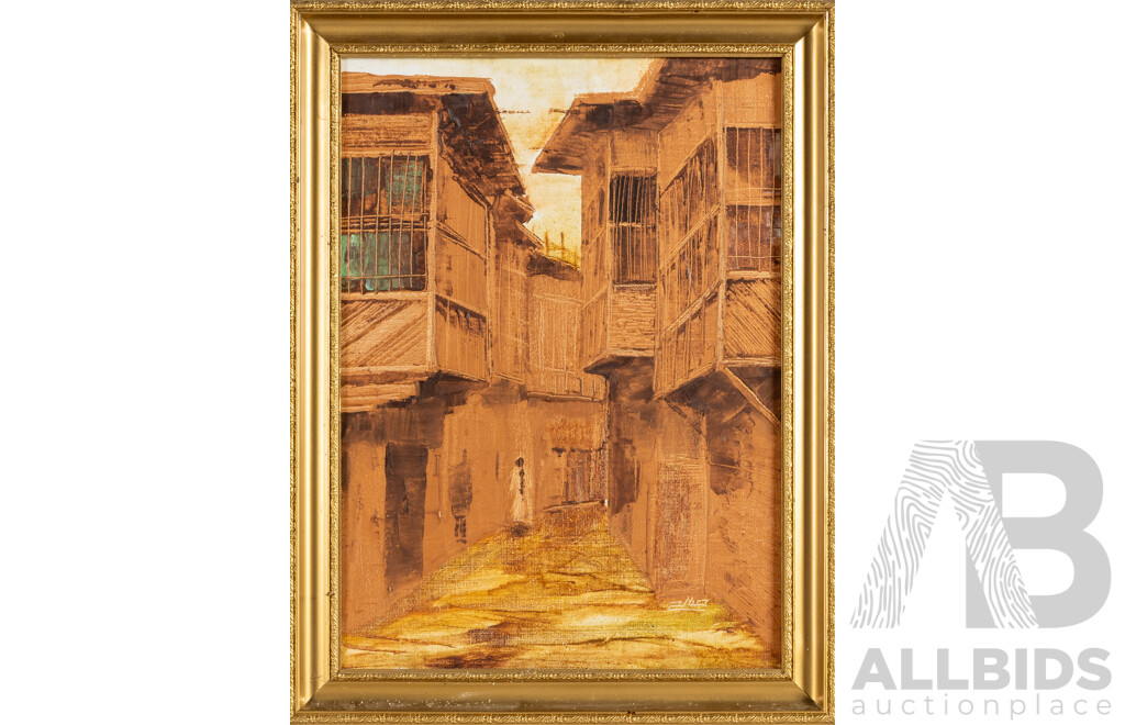 Artist Unknown (20th Century, Middle Eastern), Golden Alleyway & Echoes of the Old Casbah, Pair of Original Vintage Oils on Canvas, 56.5 x 42.5 cm (frames) (2)