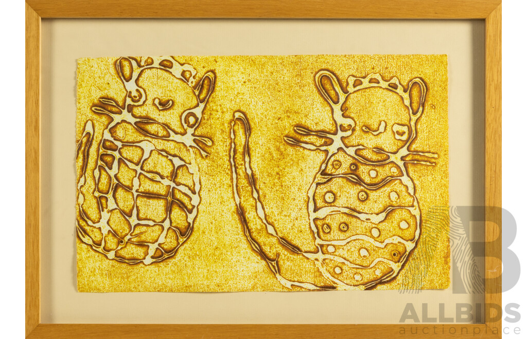 Artist Unknown (20th Century, Indigenous-Australian), Golden Creatures, Original Linocut, 47 W x 34 H cm (frame)