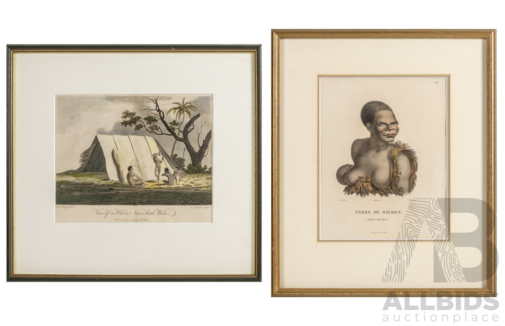 Terre De Diemen & View of a Hut in New South Wales, Pair of Antique Copper Engravings, 33 W x 40 H cm & 38 W x 36 H cm (frames) (2)