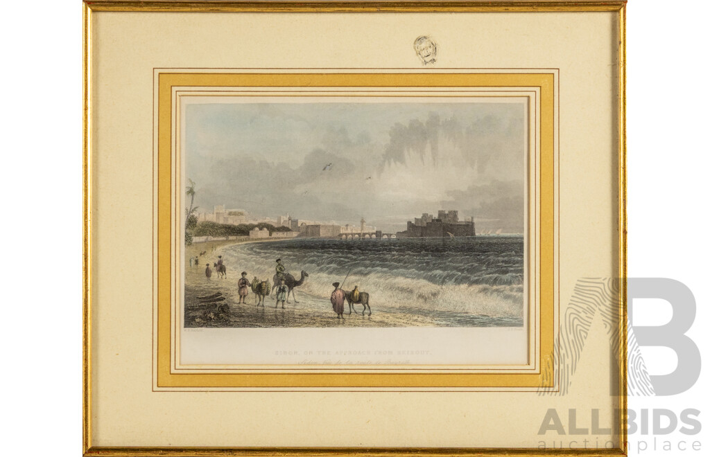William Henry Bartlett (19th Century, British, 1809-1854), Sidon, on the Approach From Beirout, Original Antique Steel Engraving, 20 W x 25 H cm (frame)
