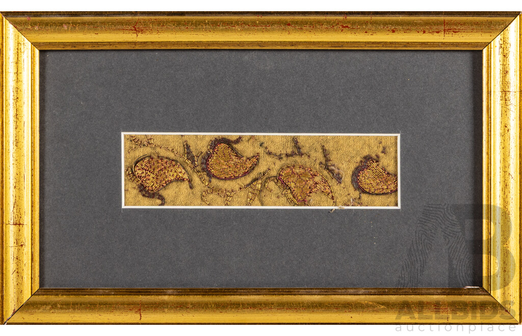 Artist Unknown (c19th Century, Indonesian), Fragment of Decorative Piece of Wedding Cloth (c1890s), Antique Old Gold Threads Handspun on Yellow Blanket Fabric, 16H x 25W cm (frame)