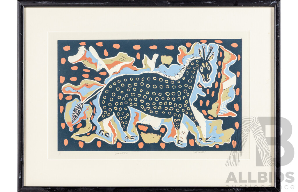Gamnqoa (Gamnqoa Kukama) (20th Century, Botswana, 1955-), Giraffe (2002), Original Reduction Editioned & Signed Linocut, 45 x 62 cm (frame)
