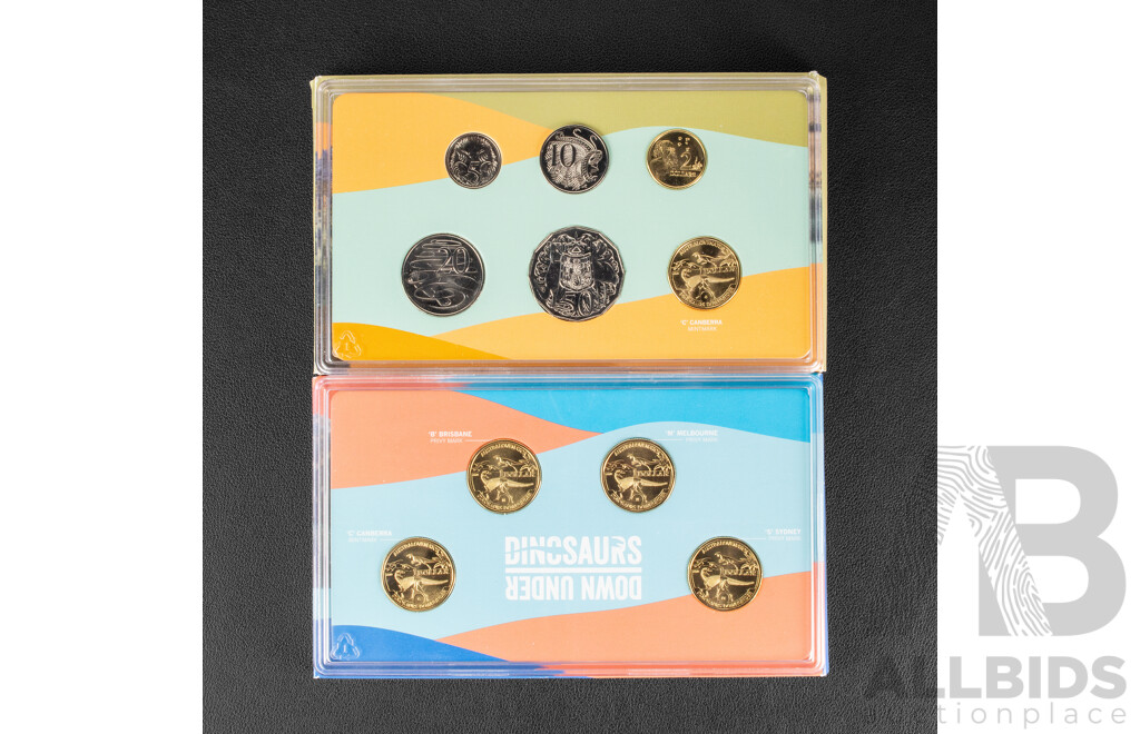 Australian RAM 2022 Dinosaurs Down Under UNC Six Coin Year Set, and Four One Dollar Coin Privy Mark Set