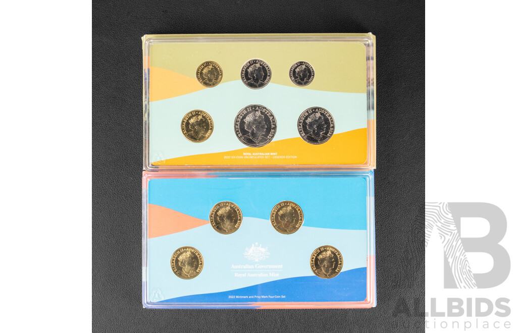 Australian RAM 2022 Dinosaurs Down Under UNC Six Coin Year Set, and Four One Dollar Coin Privy Mark Set