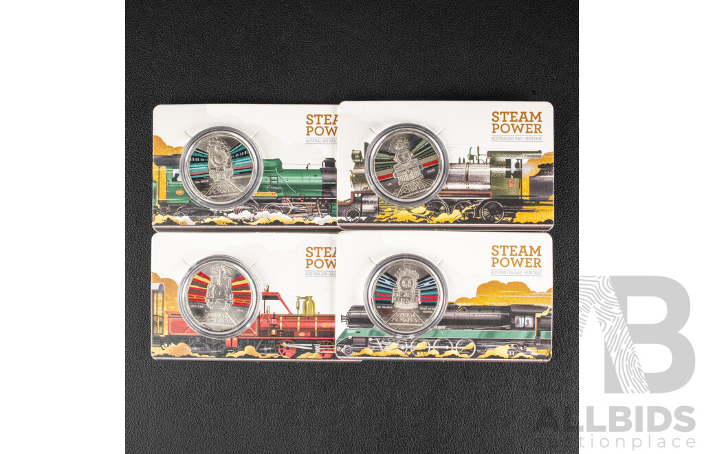 Four Australian 2022 RAM Coloured Fifty Cent Coins, Steam Power Australian Rail Heritage