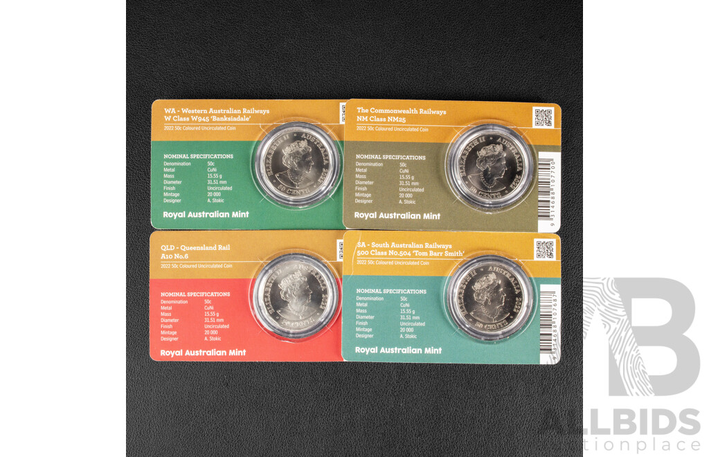 Four Australian 2022 RAM Coloured Fifty Cent Coins, Steam Power Australian Rail Heritage