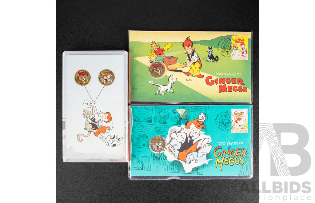 Australian 2021 One Dollar Coins, Ginger Meggs Two Coin Set and Two PNCs, One Hundred Years of Adventure