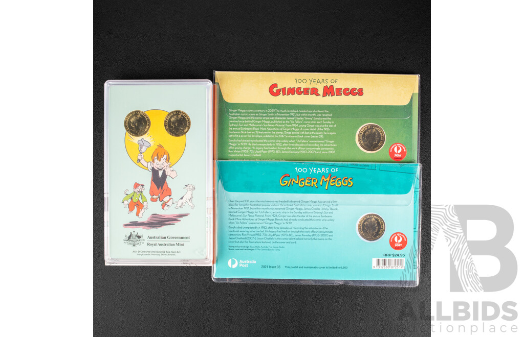 Australian 2021 One Dollar Coins, Ginger Meggs Two Coin Set and Two PNCs, One Hundred Years of Adventure