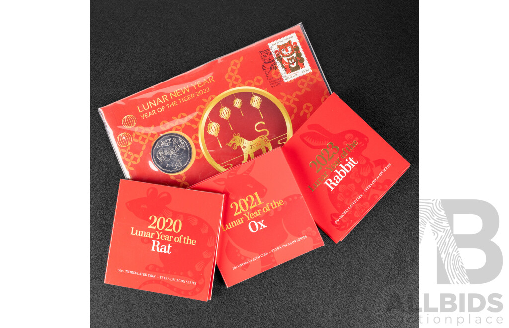 Four Australian RAM Fifty Cent Coins, Lunar Series Including 2020 Year of the Rat, 2021 Year of the Ox, 2022 Year of the Tiger PNC, 2023 Year of the Rabbit