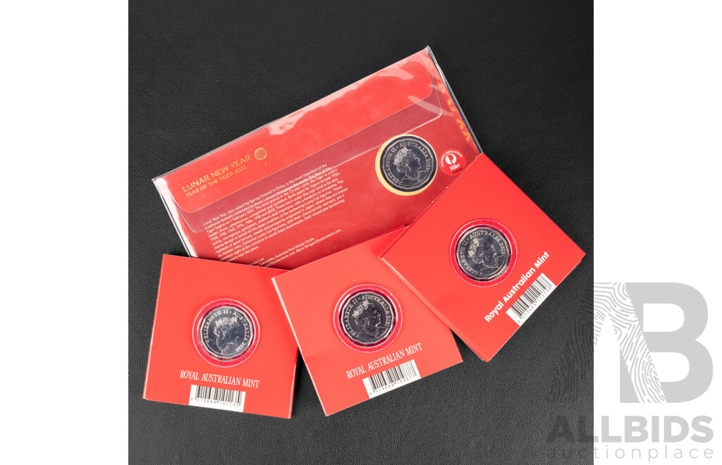 Four Australian RAM Fifty Cent Coins, Lunar Series Including 2020 Year of the Rat, 2021 Year of the Ox, 2022 Year of the Tiger PNC, 2023 Year of the Rabbit