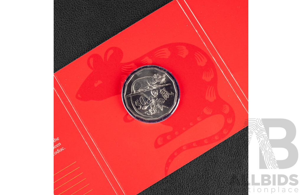 Four Australian RAM Fifty Cent Coins, Lunar Series Including 2020 Year of the Rat, 2021 Year of the Ox, 2022 Year of the Tiger PNC, 2023 Year of the Rabbit