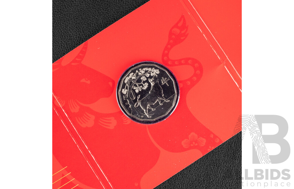 Four Australian RAM Fifty Cent Coins, Lunar Series Including 2020 Year of the Rat, 2021 Year of the Ox, 2022 Year of the Tiger PNC, 2023 Year of the Rabbit