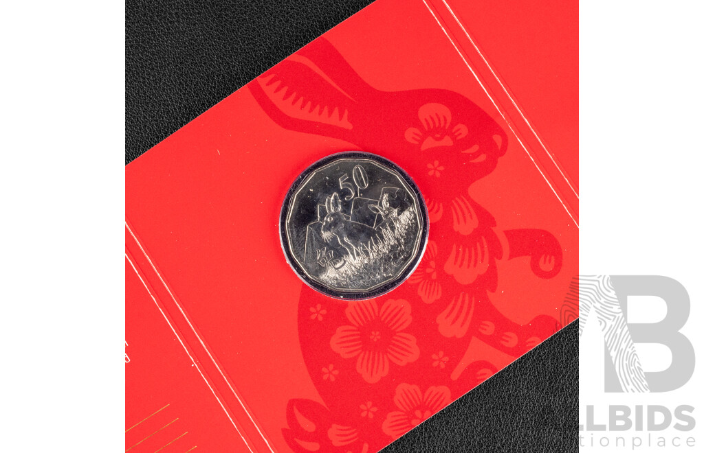 Four Australian RAM Fifty Cent Coins, Lunar Series Including 2020 Year of the Rat, 2021 Year of the Ox, 2022 Year of the Tiger PNC, 2023 Year of the Rabbit