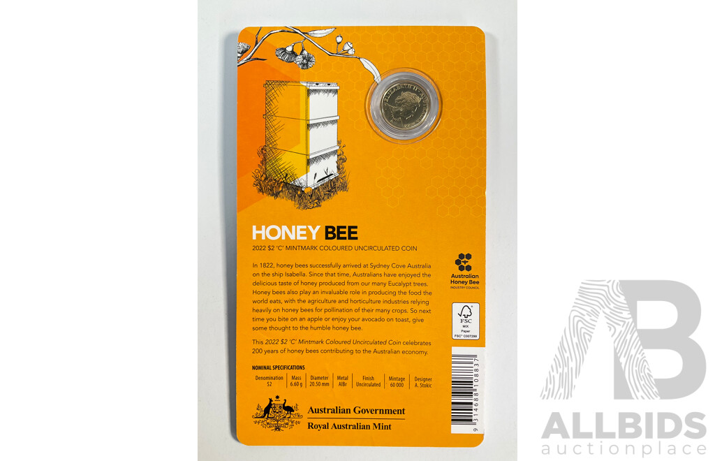 Australian RAM 2022 Two Dollar Coin, Honey Bee, C Mint Mark