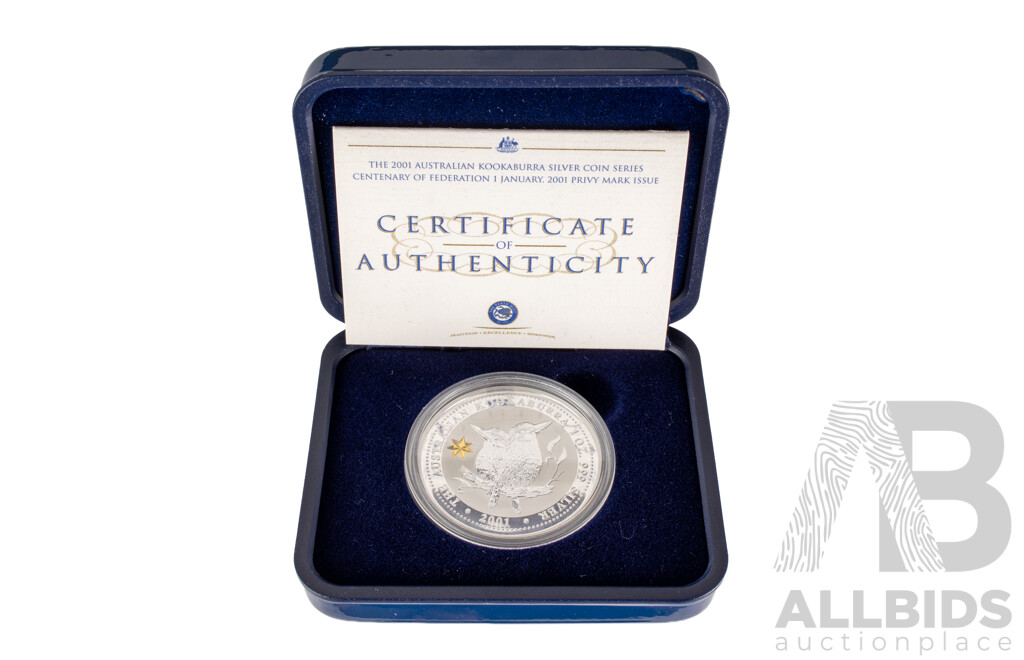 Australian Perth Mint 2001 Silver One Dollar Coin, Centenary of Federation, Gold Privy Mark .999