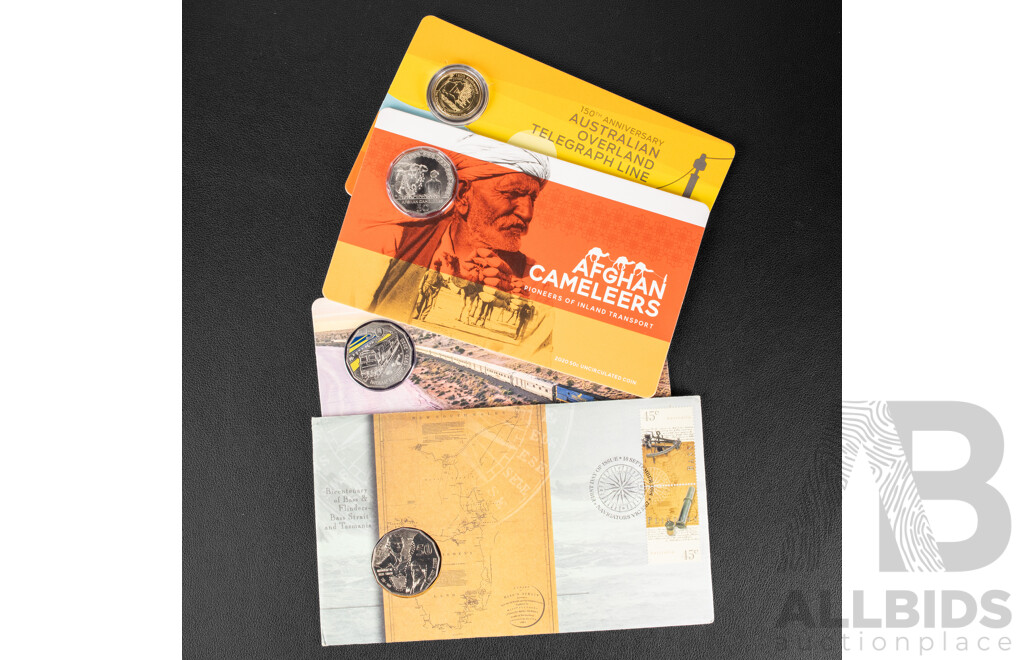 Four Australian Commemorative UNC Coins Including 2020 Fifty Cent, Indian Pacific and Afghan Cameleers, 1998 Bass/Flinders Fifty Cent PNC, 2022 One Dollar, 150th Anniversary Australian Overhead Telegraph Line