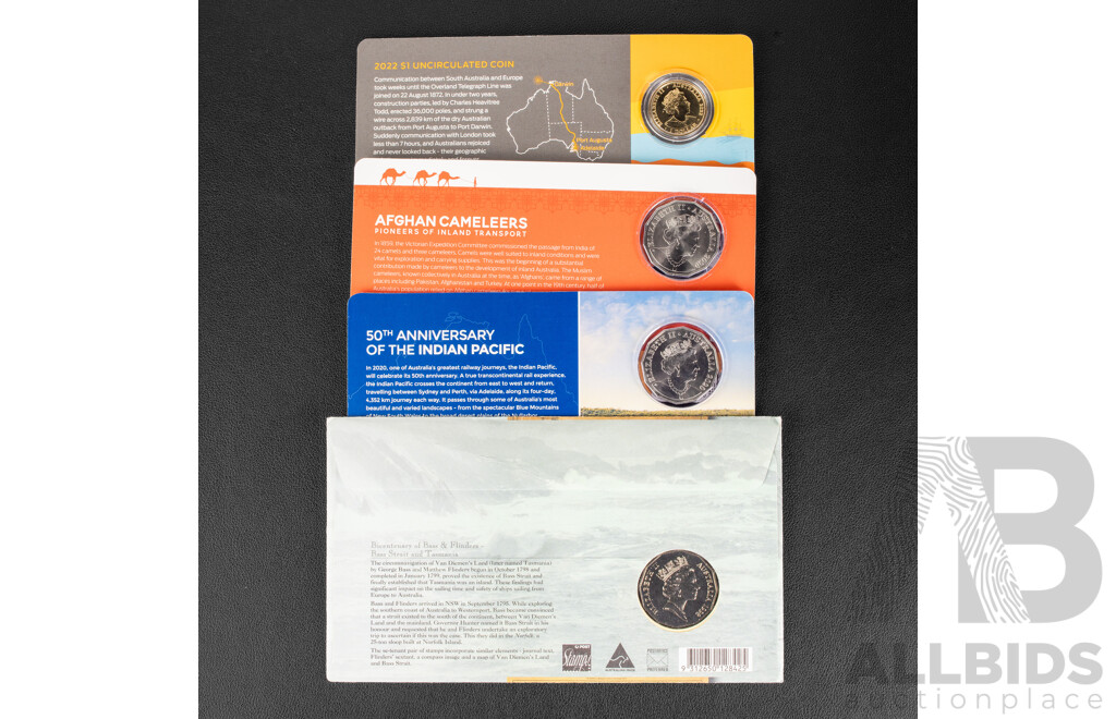 Four Australian Commemorative UNC Coins Including 2020 Fifty Cent, Indian Pacific and Afghan Cameleers, 1998 Bass/Flinders Fifty Cent PNC, 2022 One Dollar, 150th Anniversary Australian Overhead Telegraph Line