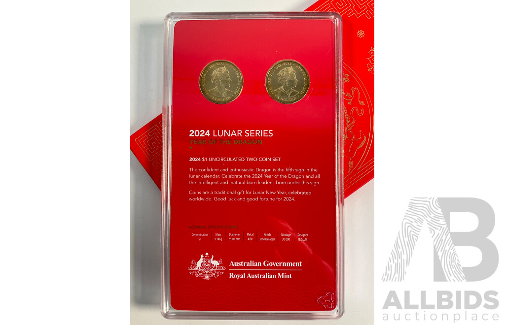 Australian RAM 2024 One Dollar Coin Set, Lunar Series Year of the Dragon