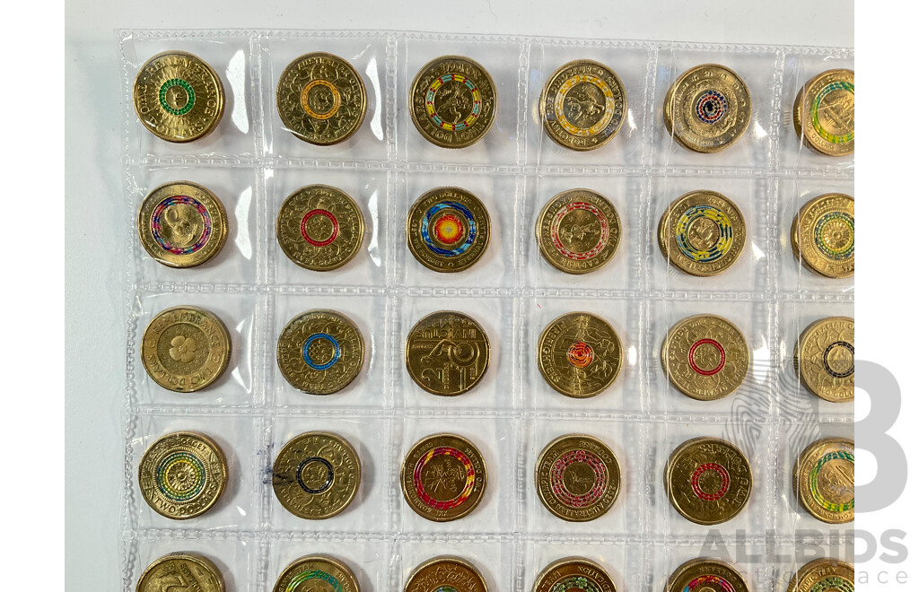 Fifty Seven Australian Two Dollar Coins Including 2016 Fifty Years Decimal Currency, 2024 War Animals Remembrance, 2012, 2014, 2017 Remembrance, 2015, 2016, 2017 Lest We Forget, 2017 Possum Magic..............