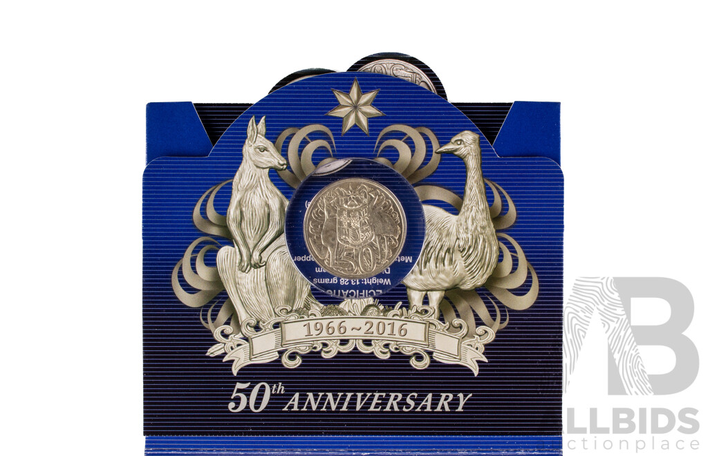 Australia's First Fifty Cent Coin 50th Anniversary Presentation Card, 1966 Round Silver Fifty Cent Coin, High Grade .800