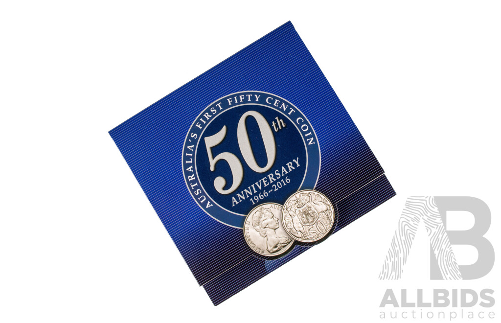 Australia's First Fifty Cent Coin 50th Anniversary Presentation Card, 1966 Round Silver Fifty Cent Coin, High Grade .800