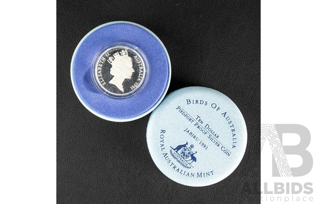 Australian RAM 1991 Ten Dollar Silver Piedfort Coin, Birds of Australia, Jabiru .925