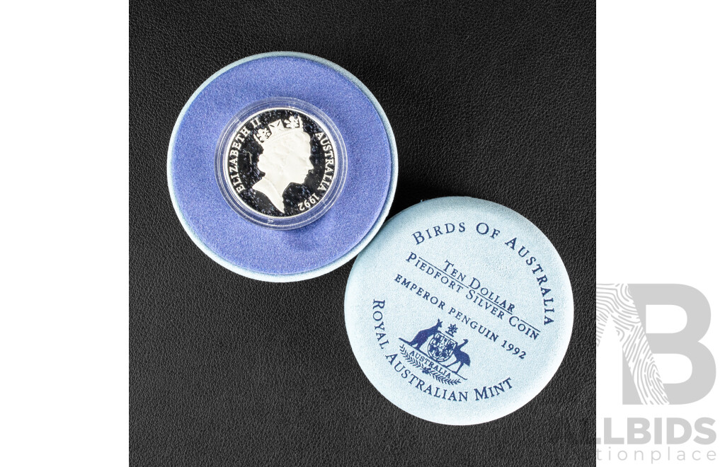 Australian RAM 1992 Silver Piedfort Ten Dollar Coin, Birds of Australia, Emperor Penguin .925