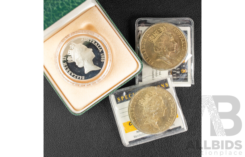 Australian 1988 Silver Ten Dollar Proof Coin, Bicentennial .925 with Two 1988 UNC Five Dollar Coins, New Parliament House