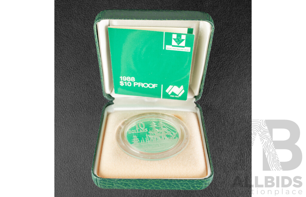 Australian 1988 Silver Ten Dollar Proof Coin, Bicentennial .925 with Two 1988 UNC Five Dollar Coins, New Parliament House